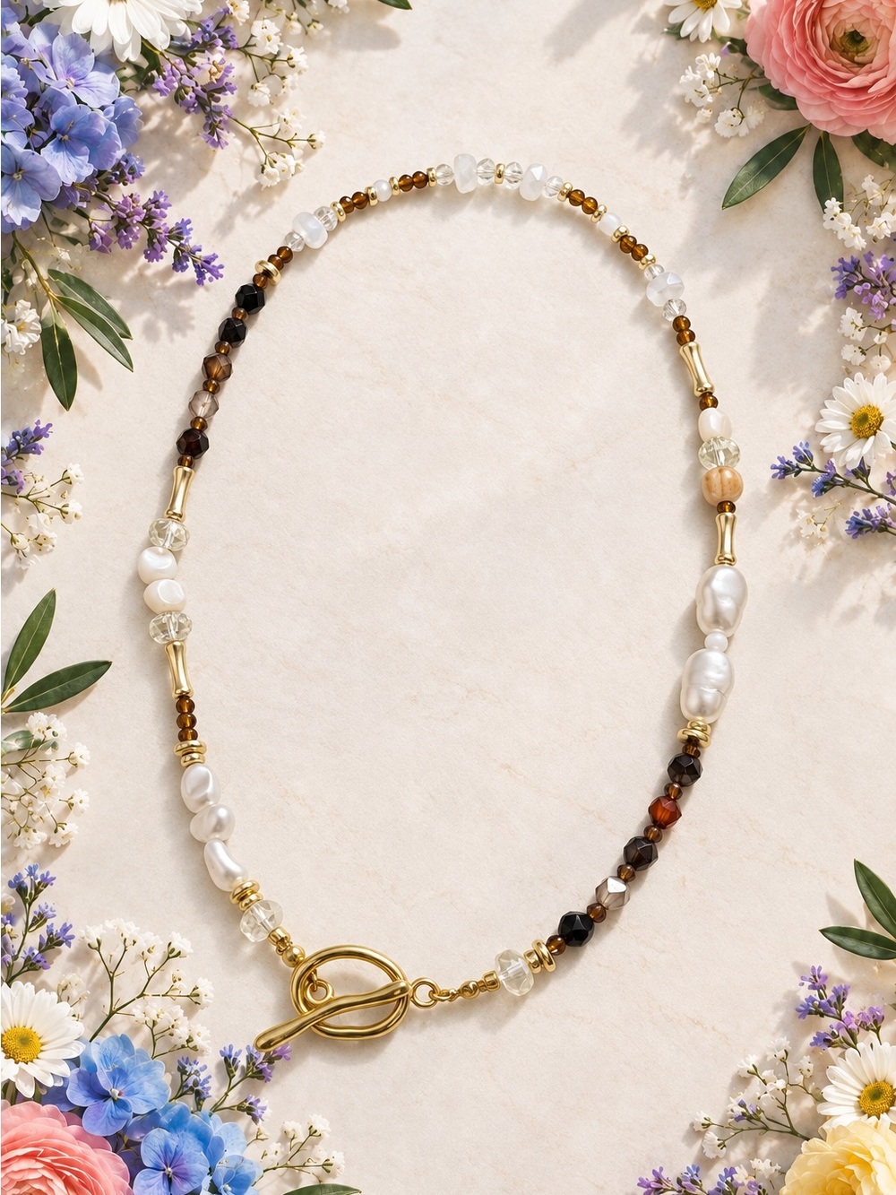 Brown agate and faux pearls necklace with gold accents - Women Jewelry